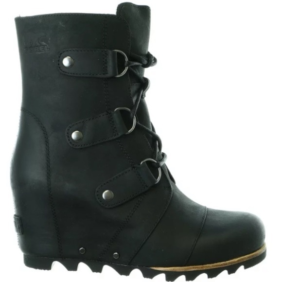 SOREL Joan Of Arctic Leather Wedge Mid Ankle Boots Black Gorp NL2173-001 9.5 - Picture 16 of 16